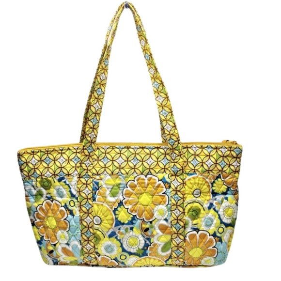 She's Got Baggage Large Yellow Print Multi-Pocket Sunflower Tote Bag - Picture 2 of 16
